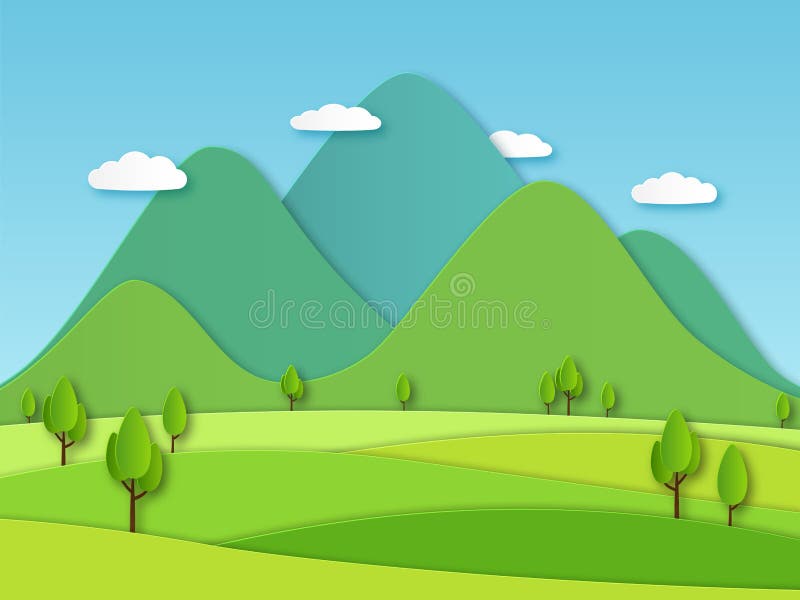 Pappers- fältlandskap Sommarlandskap med gröna kullar och blå himmel, vita moln Idérik vektor 3d för i lager papercut