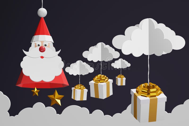 Pappers- konststil av den Santa Claus hatten och guld- gåvapilbågehängning med molnet i den svarta himlen vektor illustrationer Pappers- konststil av den Santa Claus hatten och guld- gåvapilbågehängning med molnet i den svarta himlen vektor illustrationer