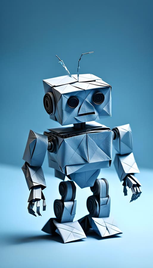 Pappersrobot på blå bakgrund. En robot som är helt tillverkad av papper står på en pulserande blå bakgrund. att det finns en tydlig och detaljerad beskrivning av pappershantverket som visar konstnärens kreativitet och precision. robotkonstruktionen har mekaniska kopplingar och futuristiska element som skapar en visuellt slående kontrast mot den enkla bakgrunden. ai genererad