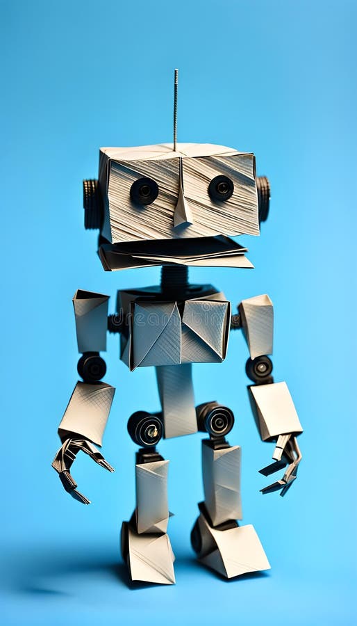 Pappersrobot på blå bakgrund. generativ ai fotografering för bildbyråer