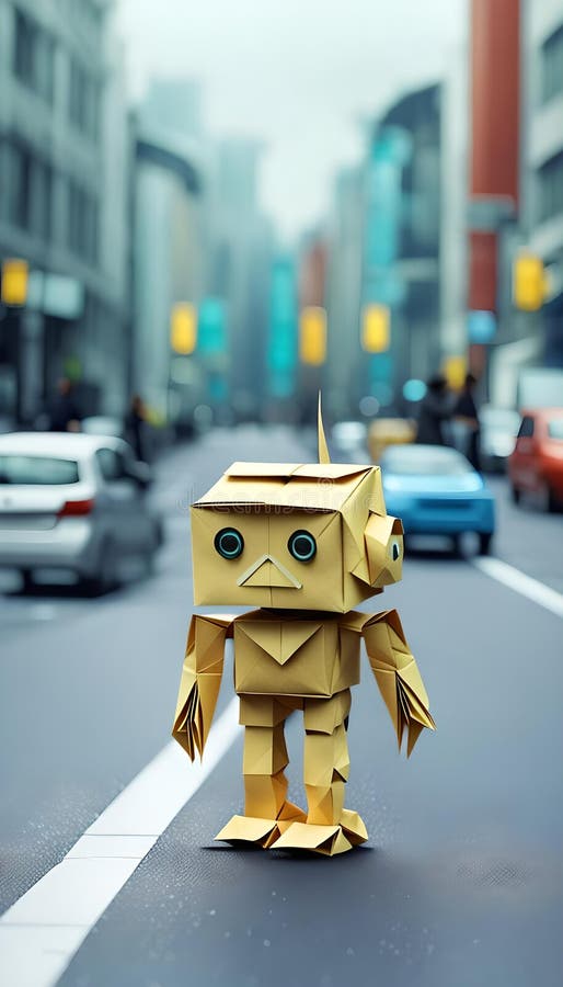 Pappersrobot som går ner på gatan. generativ ai royaltyfria bilder