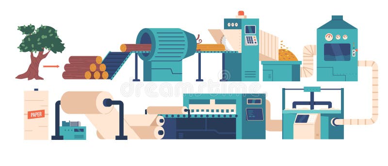 Papperstillverkningsprocess. tillverkning av pappersvaror för rengöring av pappersmassan för tillverkning av obearbetat trä indust stock illustrationer