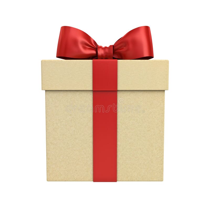 Cardboard gift box or present box with red ribbon and bow isolated on white background 3D rendering. Cardboard gift box or present box with red ribbon and bow isolated on white background 3D rendering