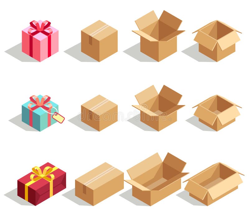 Pappgeschenkboxen geöffnet und geschlossen isometrische Ikonen des Vektors 3D für Lieferung infographics lizenzfreie abbildung Pappgeschenkboxen geöffnet und geschlossen isometrische Ikonen des Vektors 3D für Lieferung infographics lizenzfreie abbildung
