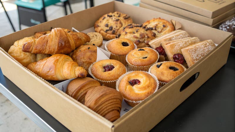 Pappkarton mit köstlichen frischen Backwaren. ideal für Bäckereien oder Cafés lizenzfreie abbildung