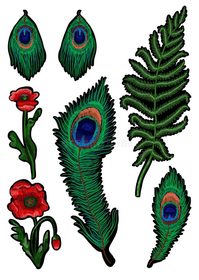 Fern, feather peacock and poppy flowers embroidered stickers. Fern, feather peacock and poppy flowers embroidered stickers.