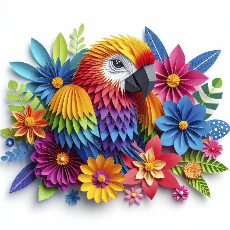 Immerse yourself in the artful world of kirigami with a vibrant parrot against a backdrop of colorful flowers. Isolated on white, this masterpiece combines precision and elegance. IA image generated. Immerse yourself in the artful world of kirigami with a vibrant parrot against a backdrop of colorful flowers. Isolated on white, this masterpiece combines precision and elegance. IA image generated.