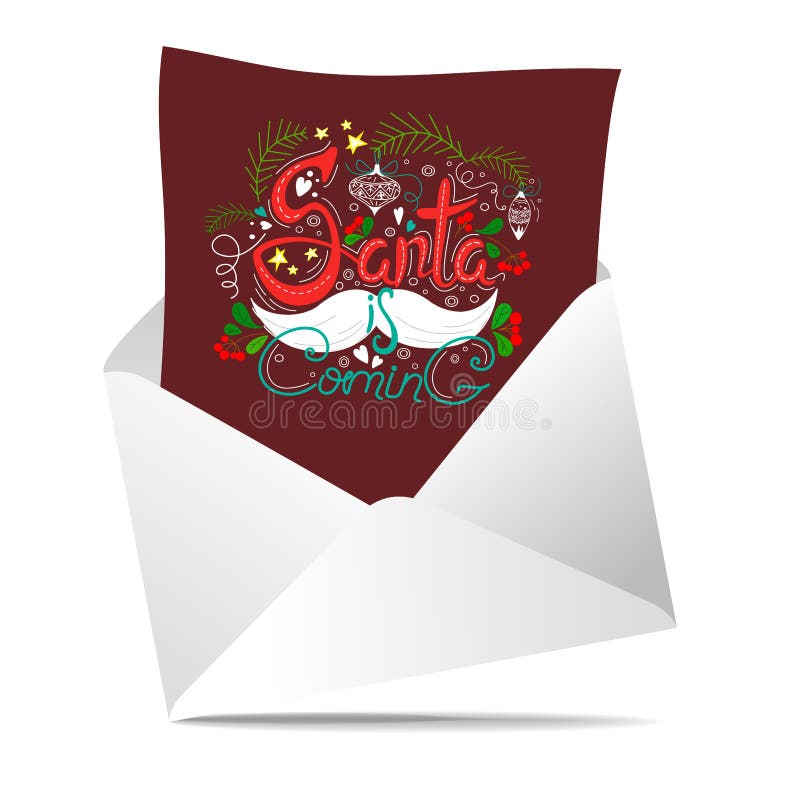 Papá Noel está viniendo poniendo letras a miradas de una tarjeta fuera del sobre Diseño Handdrawn Estrellas, decoraciones, hojas ilustración del vector Papá Noel está viniendo poniendo letras a miradas de una tarjeta fuera del sobre Diseño Handdrawn Estrellas, decoraciones, hojas ilustración del vector