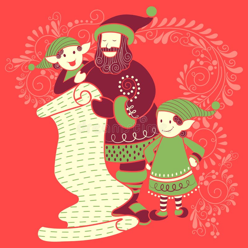 Papá Noel y duende con el regalo en fondo de la celebración del día de fiesta de la Feliz Navidad ilustración del vector Papá Noel y duende con el regalo en fondo de la celebración del día de fiesta de la Feliz Navidad ilustración del vector