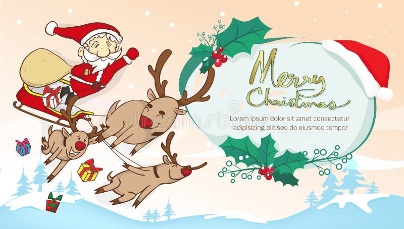 Papá Noel y marco del vuelo y de texto del reno, texto franco de la Feliz Navidad stock de ilustración Papá Noel y marco del vuelo y de texto del reno, texto franco de la Feliz Navidad stock de ilustración