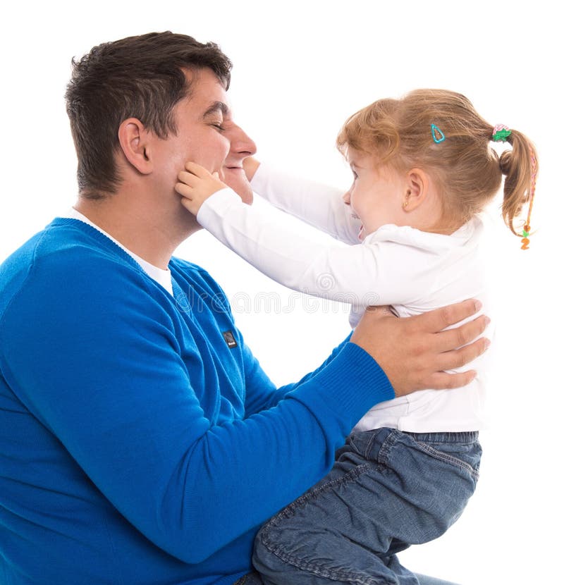 Dad and child playing and pinching cheeks isolated on white background - fun. Dad and child playing and pinching cheeks isolated on white background - fun