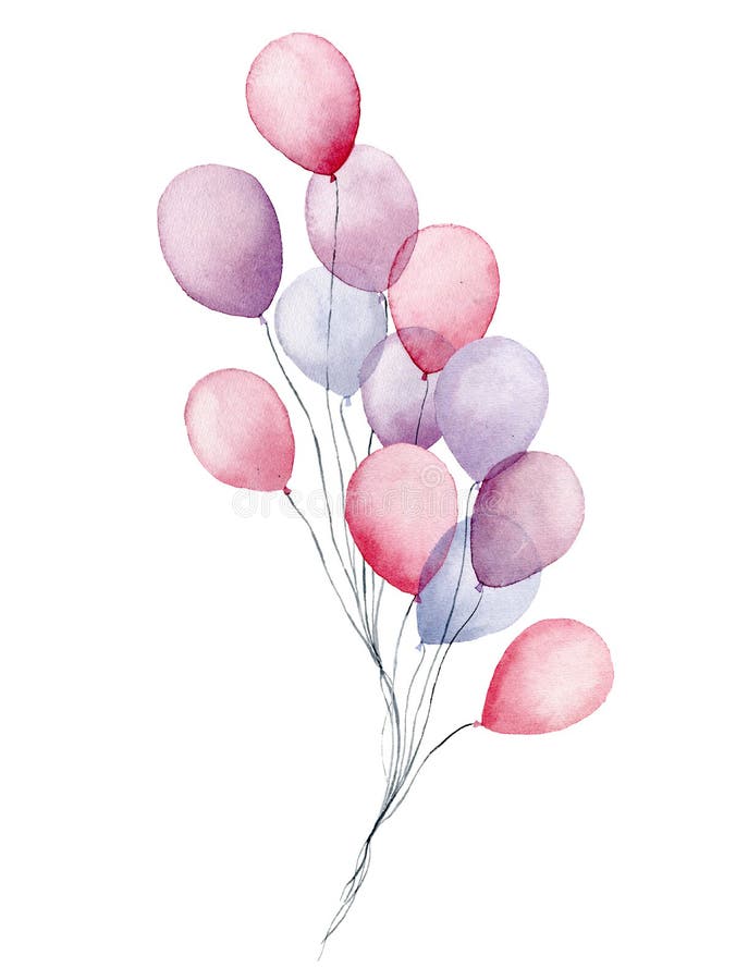 Paquet de ballons à air d'aquarelle Rose peint à la main de partie, bleu, ballons pourpres d'isolement sur le fond blanc salutati illustration stock Paquet de ballons à air d'aquarelle Rose peint à la main de partie, bleu, ballons pourpres d'isolement sur le fond blanc salutati illustration stock