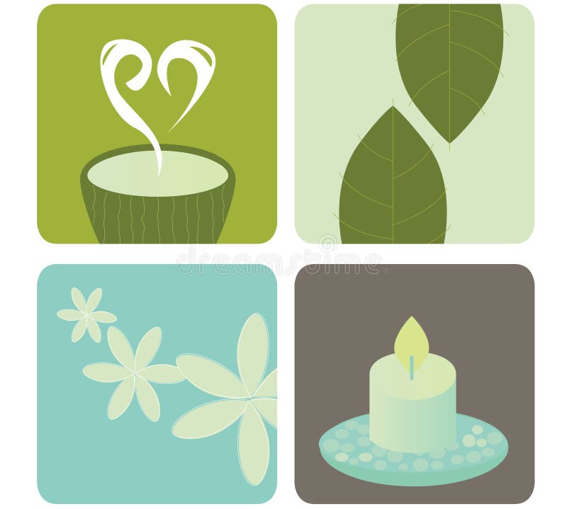 Wellness and relaxation icons. Tea, tea leafs, aromatherapy and candle bring pure harmony into life. Vector illustration in natural tones. Wellness and relaxation icons. Tea, tea leafs, aromatherapy and candle bring pure harmony into life. Vector illustration in natural tones.