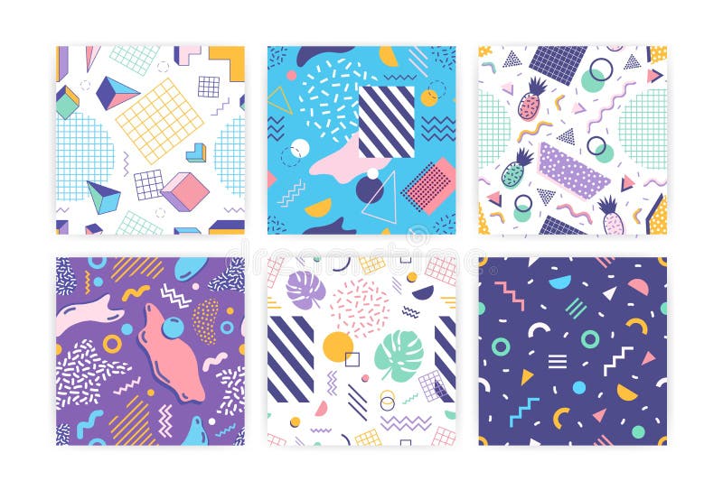 Paquet de modèles sans couture avec des formes géométriques, des fruits tropicaux, des feuilles exotiques, des rayures, des grill illustration stock Paquet de modèles sans couture avec des formes géométriques, des fruits tropicaux, des feuilles exotiques, des rayures, des grill illustration stock