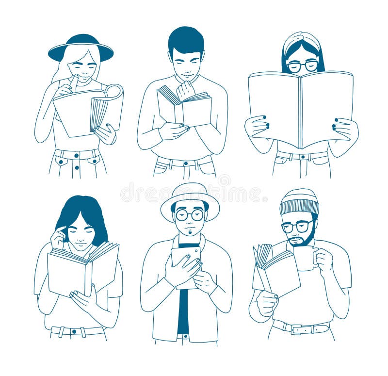 Paquet de portraits des hommes et des femmes lisant les livres de papier et électroniques Ensemble de jeunes lecteurs masculins e illustration libre de droits Paquet de portraits des hommes et des femmes lisant les livres de papier et électroniques Ensemble de jeunes lecteurs masculins e illustration libre de droits