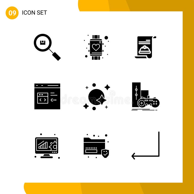 Paquete de línea de vector editable de 9 glifos sólidos simples de código de desarrollo reloj inteligente c hat libre illustration