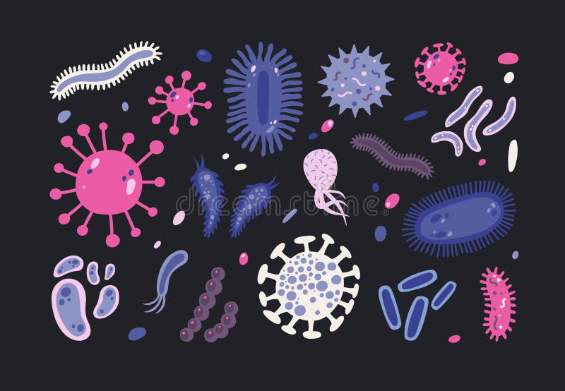 Paquete de microorganismos infecciosos aislados en fondo negro Sistema de los gérmenes microscópicos dañinos, patógeno, microbios