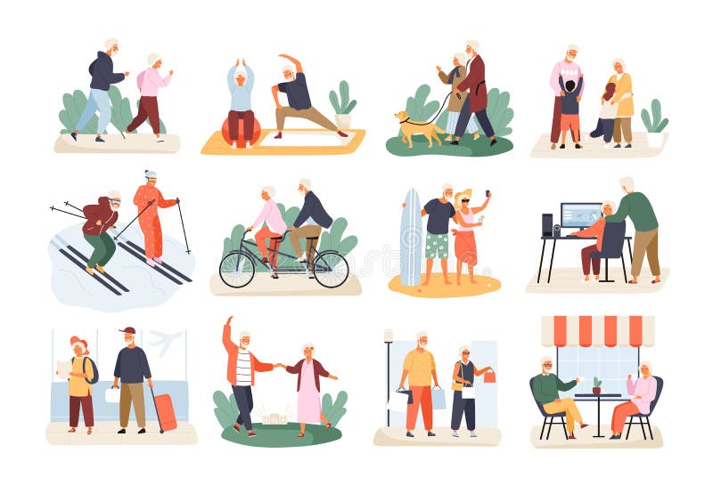 Paquete de pares mayores activos divertidos lindos aislados en el fondo blanco Colección de deportes recreativos y sanos ilustración del vector