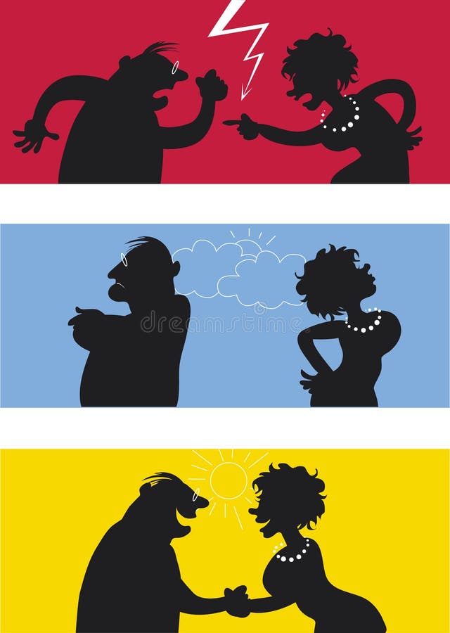 Cartoon of fighting couple, weather icons symbolise temper. Cartoon of fighting couple, weather icons symbolise temper