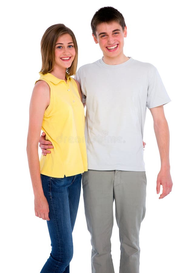 Couple of teenagers on the white background. Couple of teenagers on the white background