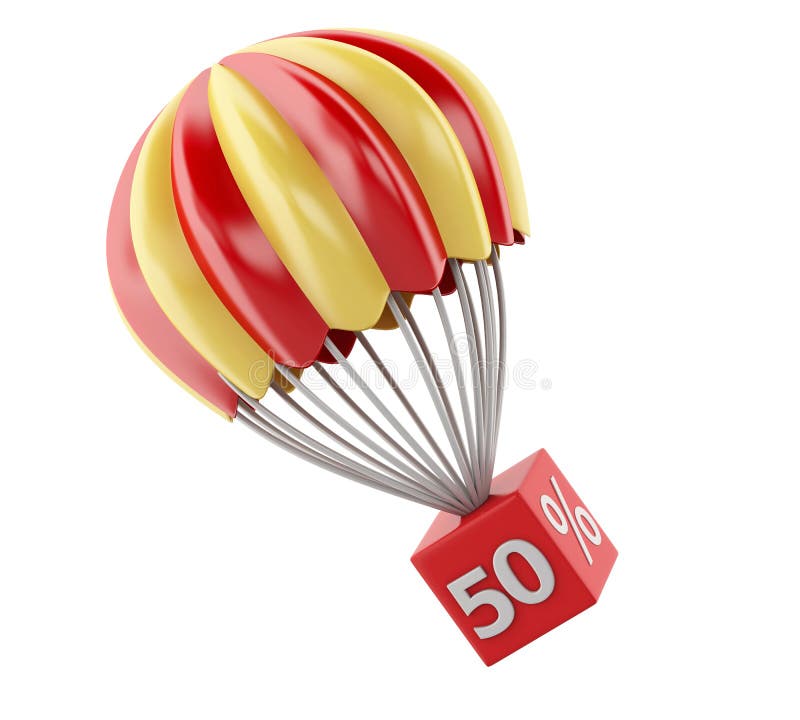 parachute 3d avec le signe de remise Concept de vente - main avec la loupe illustration libre de droits parachute 3d avec le signe de remise Concept de vente - main avec la loupe illustration libre de droits