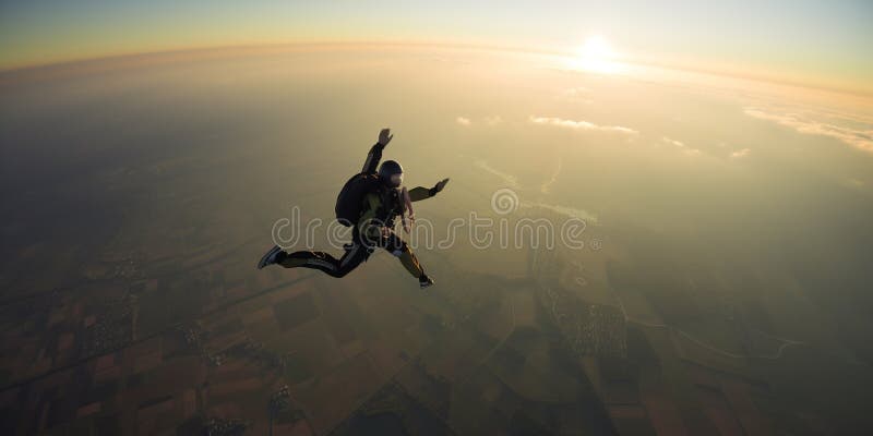 Parachuting. Action sport. Paratroopers or parachutist free-falling and descending with parachutes. Generative AI. Sky