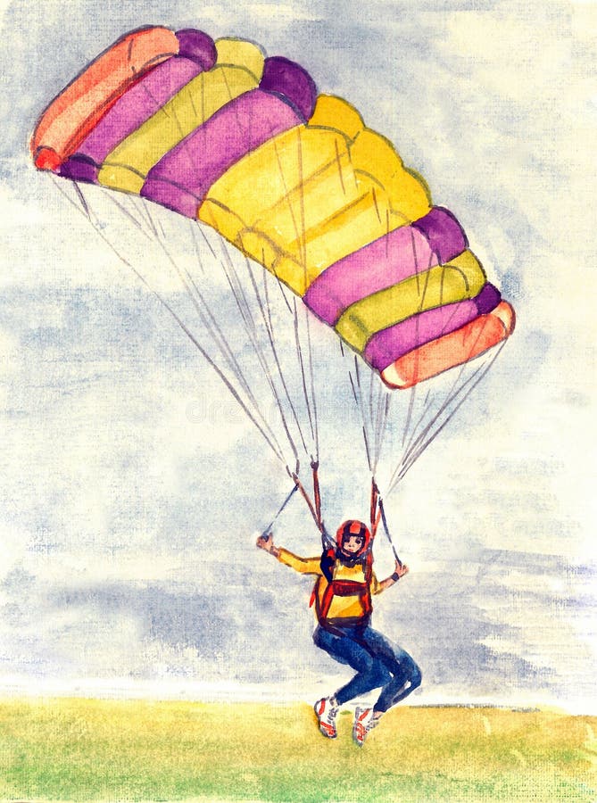 Parachutist на ярком красочном парашюте, ландшафт неба и земли в мягкой палитре цветов, руке покрасил акварель иллюстрация штока