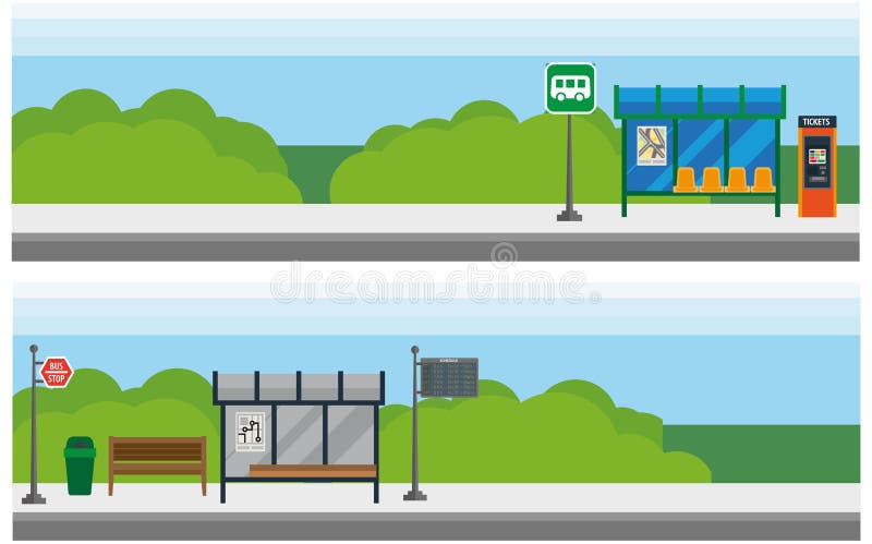 Parada de autobús vacía con techo de cristal y señales de carretera stock de ilustración Parada de autobús vacía con techo de cristal y señales de carretera stock de ilustración