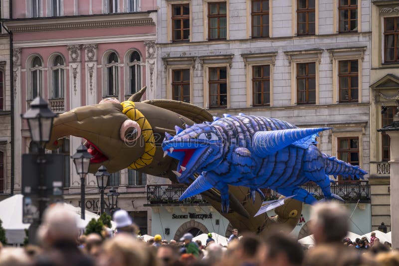 Parade of dragons in Krakow, Poland. On June 1, was held an annual parade of dragons and a contest for the most beautiful Dragon in disguise.n. Parade of dragons in Krakow, Poland. On June 1, was held an annual parade of dragons and a contest for the most beautiful Dragon in disguise.n