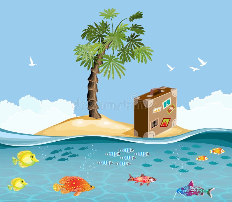 Paradiesinsel mit Fischen und tropischer Palme stock abbildung Paradiesinsel mit Fischen und tropischer Palme stock abbildung