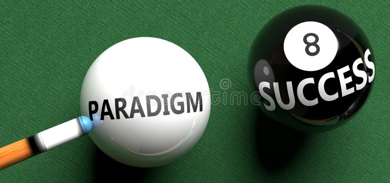 Paradigma aduce succes, imaginat ca paradigma cuvintelor pe o minge de biliard pentru a simboliza ca paradigma poate iniția succes stock illustration