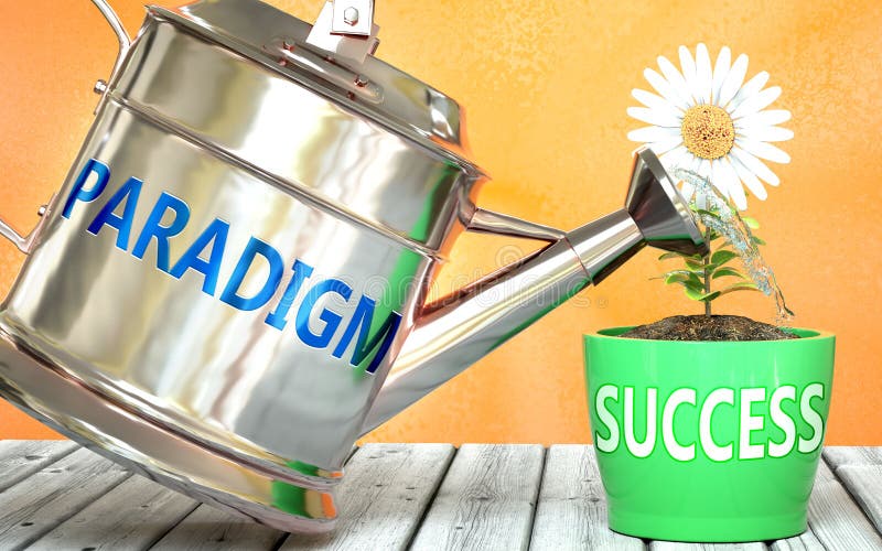 Paradigma ajută la obținerea succesului, reprezentat de paradigma cuvintelor de pe un vas de udare, pentru a simboliza faptul că p royalty free illustration