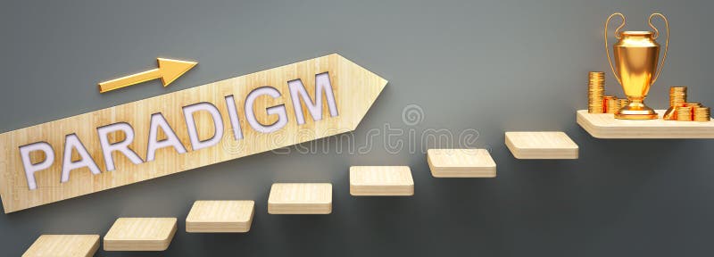 Paradigma duce la bani și succes în afaceri și viață simbolizate de scări și un indicator paradigmatic care indică spre bani de au royalty free illustration