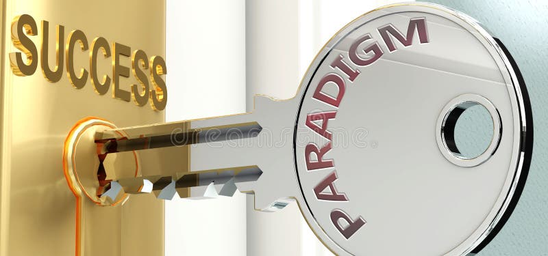 Paradigmă și succes, prezentate ca paradigmă de cuvinte pe o cheie pentru a simboliza că paradigma ajută la obținerea succesului ș stock illustration