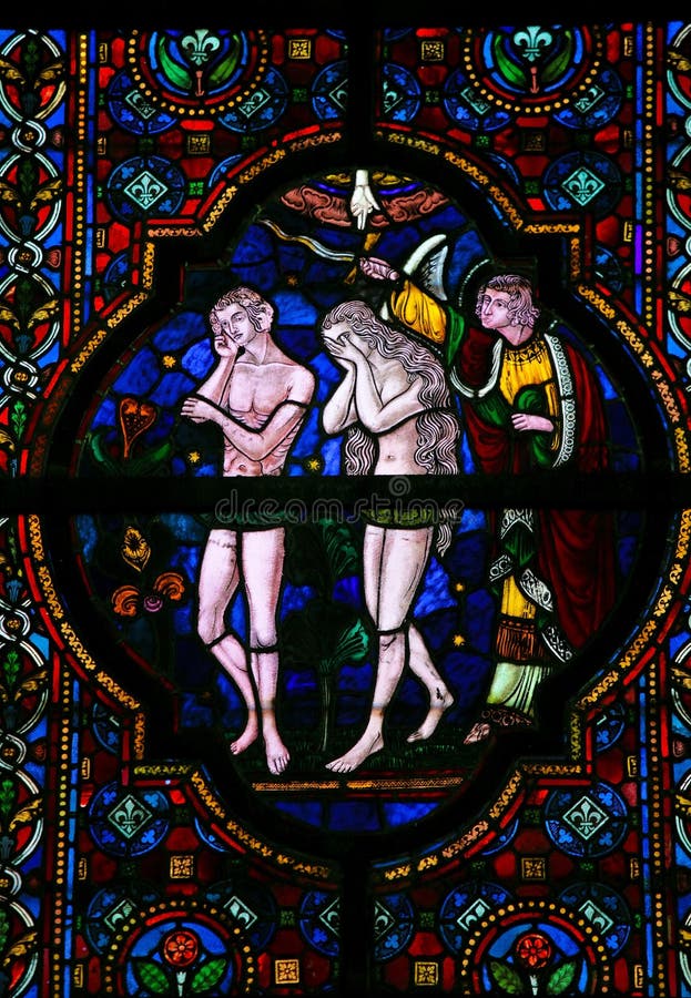 Expulsion of Adam and Eve from Paradise, stained glass window in the church of Dinant, Belgium,. Expulsion of Adam and Eve from Paradise, stained glass window in the church of Dinant, Belgium,