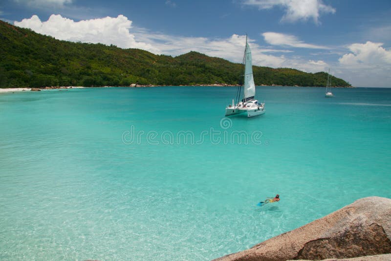 Seychelles beach Anze Lazio with catamaran. Seychelles stock images, royalty-free photos and pictures