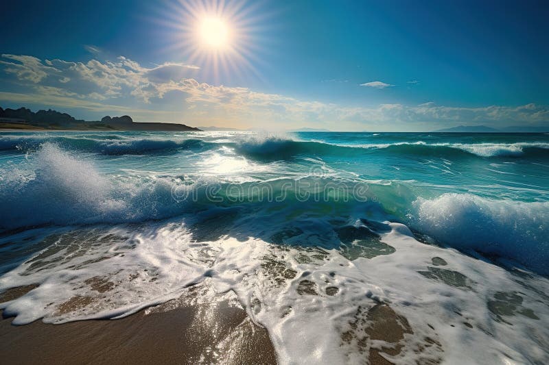 Paradise Beach with Beautiful Waves. Generative AI Stock Illustration