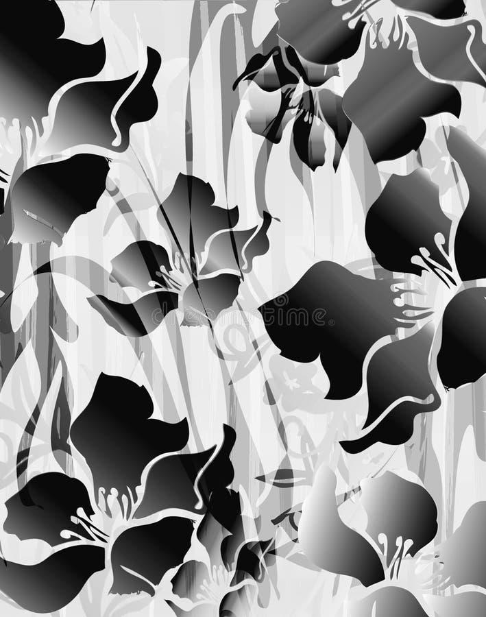 Paradise city_blk. Abstract tropical floral print with distorted zebra like striped wallpaper ground and glowing grayscale gradient color royalty free illustration Paradise city_blk. Abstract tropical floral print with distorted zebra like striped wallpaper ground and glowing grayscale gradient color royalty free illustration