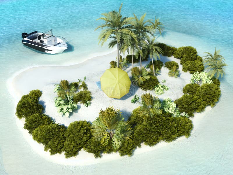 Boat parked at an island with yellow beach umbrella in the center. Boat parked at an island with yellow beach umbrella in the center