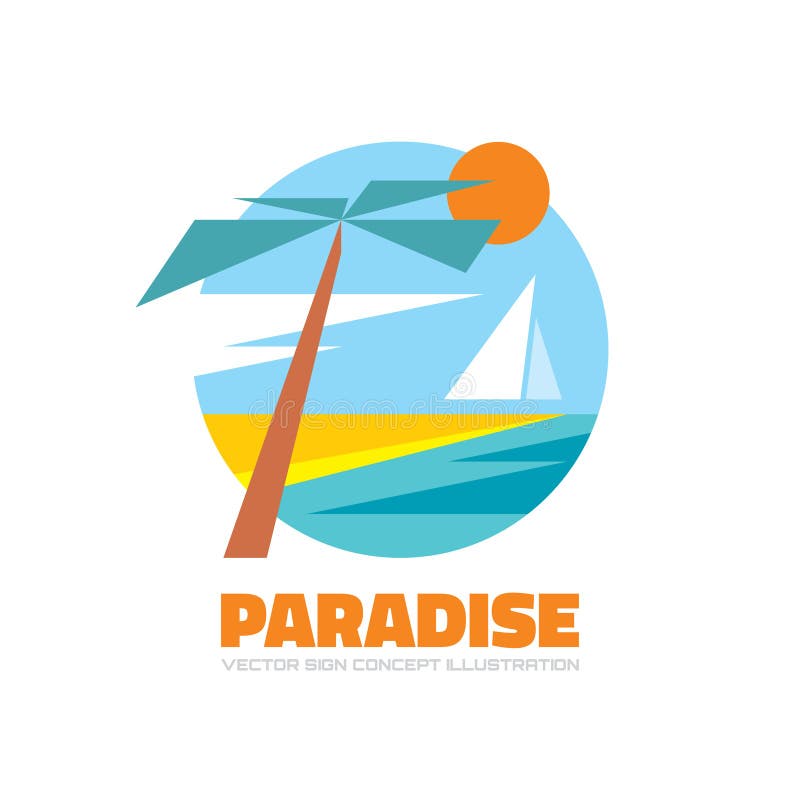 Paradise - vector logo in flat style. Travel vacation creative concept illustration for poster. Sea, island, sun, palm, beach. stock illustration Paradise - vector logo in flat style. Travel vacation creative concept illustration for poster. Sea, island, sun, palm, beach. stock illustration
