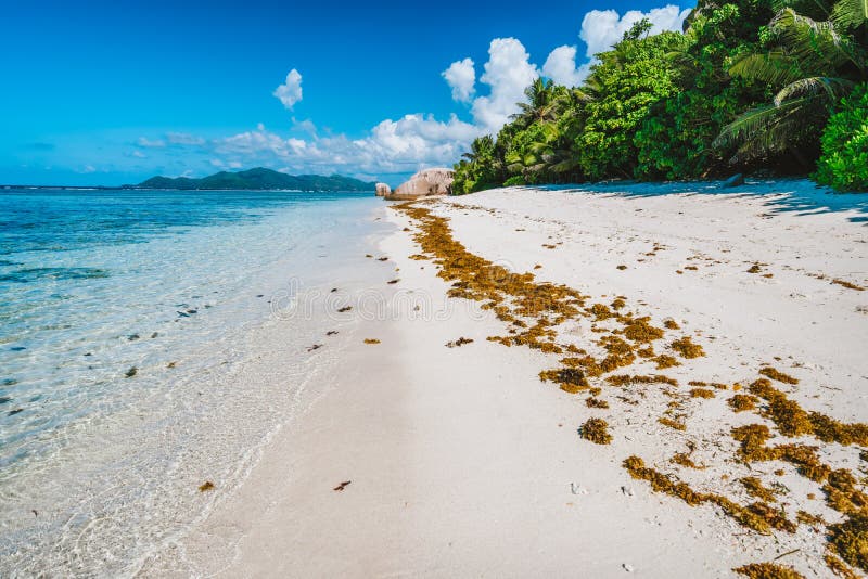 Anse Source d`Argent paradise like beach with surreal rocks, shallow lagoon water on La Digue island in Seychelles. Anse Source d`Argent paradise like beach with surreal rocks, shallow lagoon water on La Digue island in Seychelles.