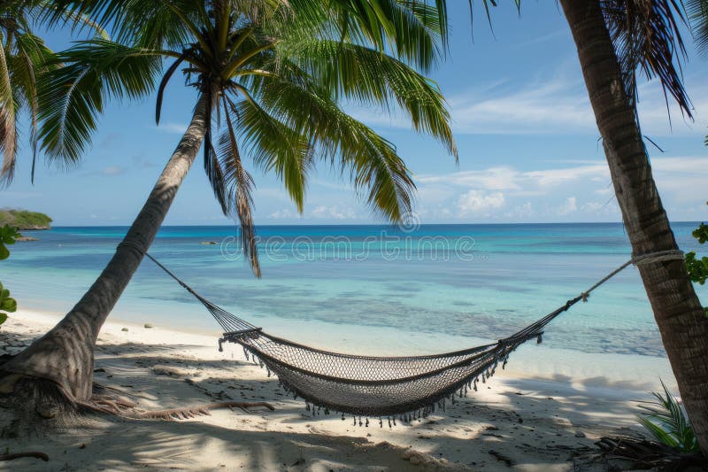 Serene Tropical Beach Paradise with Hammock and Crystal Clear Waters. AI generated. Serene Tropical Beach Paradise with Hammock and Crystal Clear Waters. AI generated