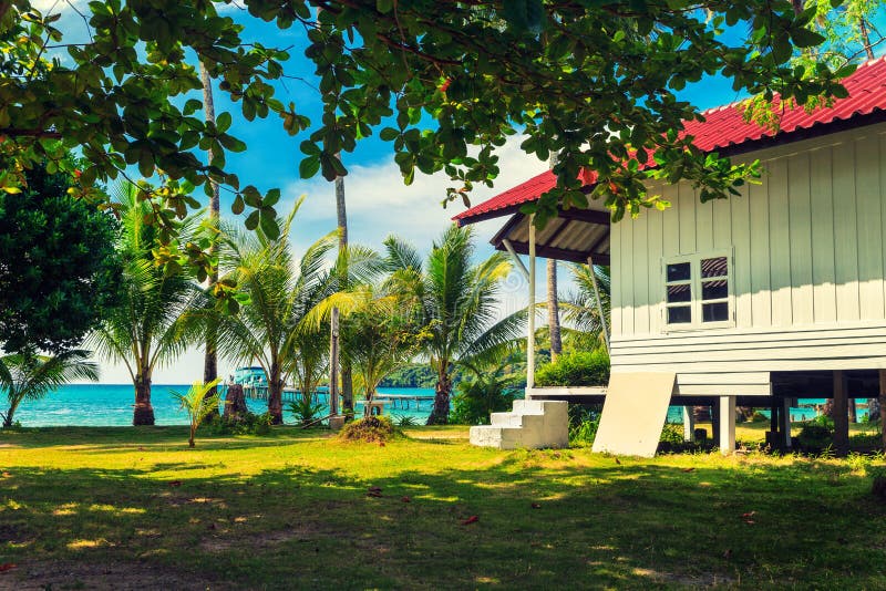 Paradiso tropicale esotico sopra l'acqua di mare di Crystal Clear Turquoise Blue Ocean del bungalow dell'acqua Serene Secluded