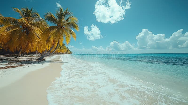 Paradiso tropicale. Stupendo una spiaggia tropicale con una sabbia bianca incontaminata acqua di turchese e file di cespugli di palme da spurgo. I colori vivaci e il cielo limpido creano un senso di tranquillità e rilassamento perfetto per le brochure delle vacanze o come immagine di sfondo per i prodotti di rilassamento e benessere. Le tenue onde che si trovano sulla costa danno un senso di serenità e le corde dorate delle palme creano un'atmosfera calda e invitante..