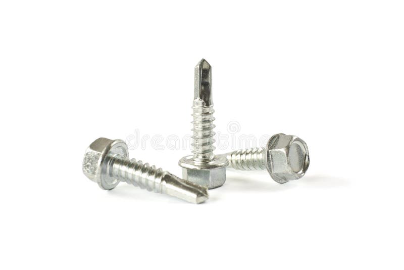 Parafusos da perfuração do auto do close up para telhar com uma broca e com a arruela de selagem isolada no branco Prendedores is imagem de stock Parafusos da perfuração do auto do close up para telhar com uma broca e com a arruela de selagem isolada no branco Prendedores is imagem de stock