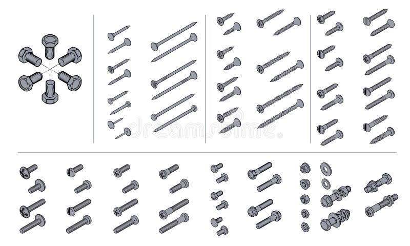 Vector technical drawing of fasteners in isometric drawing. Vector technical drawing of fasteners in isometric drawing