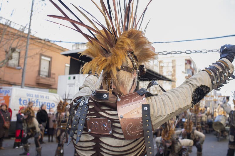 Badajoz, Spain - Feb 13, 2018: San Roque comparsas parade. Badajoz Carnival was recently declared Festivity of International Tourist Interest. Badajoz, Spain - Feb 13, 2018: San Roque comparsas parade. Badajoz Carnival was recently declared Festivity of International Tourist Interest
