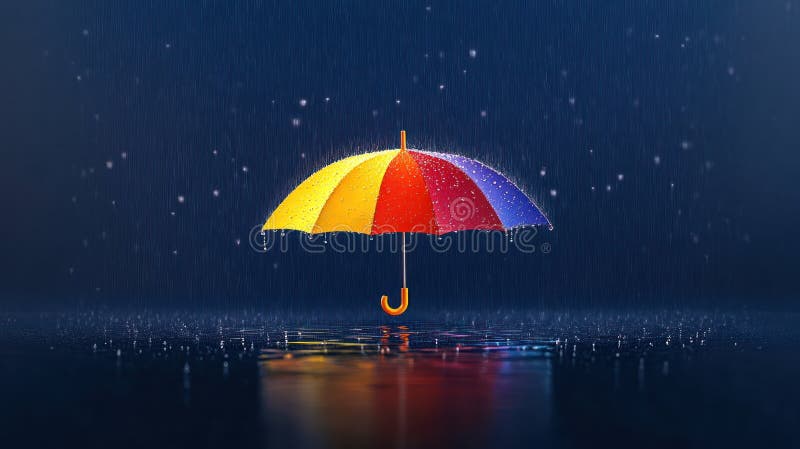 Paraguas coloridos en la lluvia otoñal con colores arcoiris y gotas de lluvia salpicando sobre fondo texturizado. stock de ilustración
