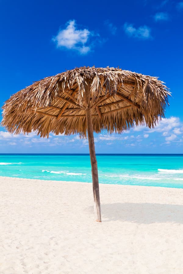 Thatched umbrella on a sandy tropical beach. Thatched umbrella on a sandy tropical beach