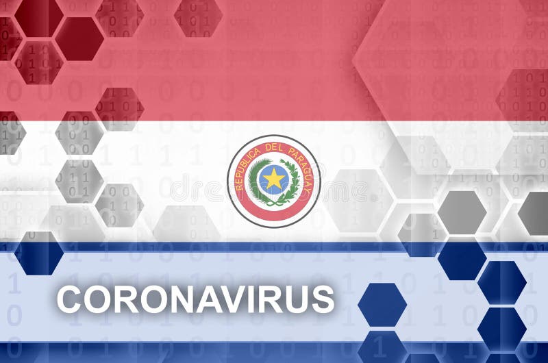 Paraguay flag and futuristic digital abstract composition with Coronavirus inscription. Covid-19 outbreak concept